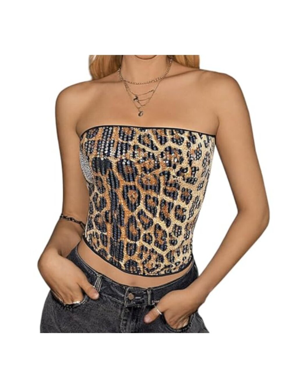 Sequin Tube Top Leopard Crop Bandeau Strapless Party Club Glitter Stretch Women